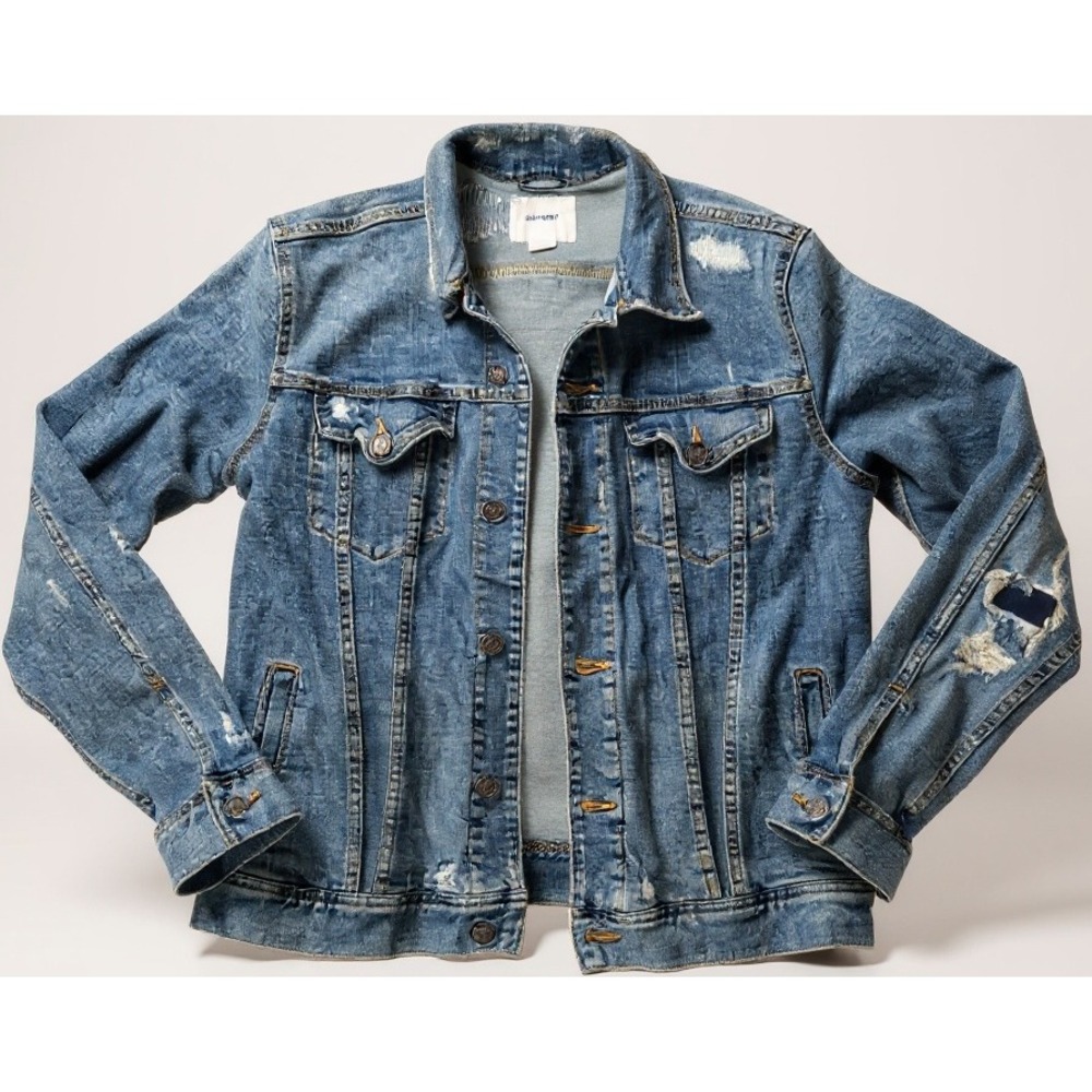 Old Navy Distressed Denim Jean Jacket Stretch Blue Button-Up with Pockets Medium